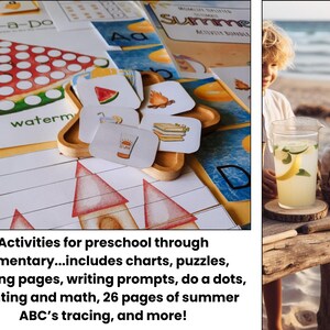 May include: Summer activity bundle for preschool and primary school children, featuring charts, puzzles, and colouring pages. Includes watermelon and sun-themed illustrations. A jug of lemonade and a basket of lemons are also visible. Educational resources.