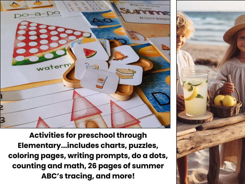 May include: Summer activity bundle for preschool and primary school children, featuring charts, puzzles, and colouring pages. Includes watermelon and sun-themed illustrations. A jug of lemonade and a basket of lemons are also visible. Educational resources.
