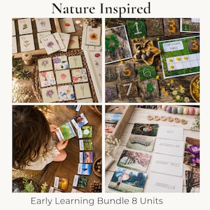 Op de afbeelding: Een educatief pakket met kaarten met natuurthema's. De afbeelding toont kaarten met bloemen en botanische illustraties, cijferkaarten en woordkaarten. De tekst luidt "Nature Inspired" en "Early Learning Bundle 8 Units".