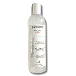 May include: A clear bottle of Bwow Cosmetics Micellar Water. The label reads "Sensitive Skin Care" and "Rich in Aloe Vera & Natural Cleansing Extracts." The bottle contains 8.7 fl oz of product and has a silver cap.