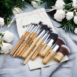 Makeup Brush Set Premium 11 Piece Vegan Kabuki Bamboo Makeup Brushes Set with Cotton Bag, Easy Storage, Synthetic Vegan Fibres, Cruelty Free