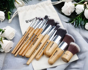 Vegan Makeup Brush Set, Bamboo Handle, Cruelty-Free, with Cotton Bag