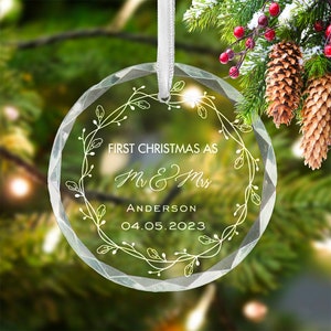 First Christmas Married Ornament. Personalized Mr. & Mrs. Wedding Crystal Ornament - A Unique Keepsake Christmas Couple Gift. K9 faceted.
