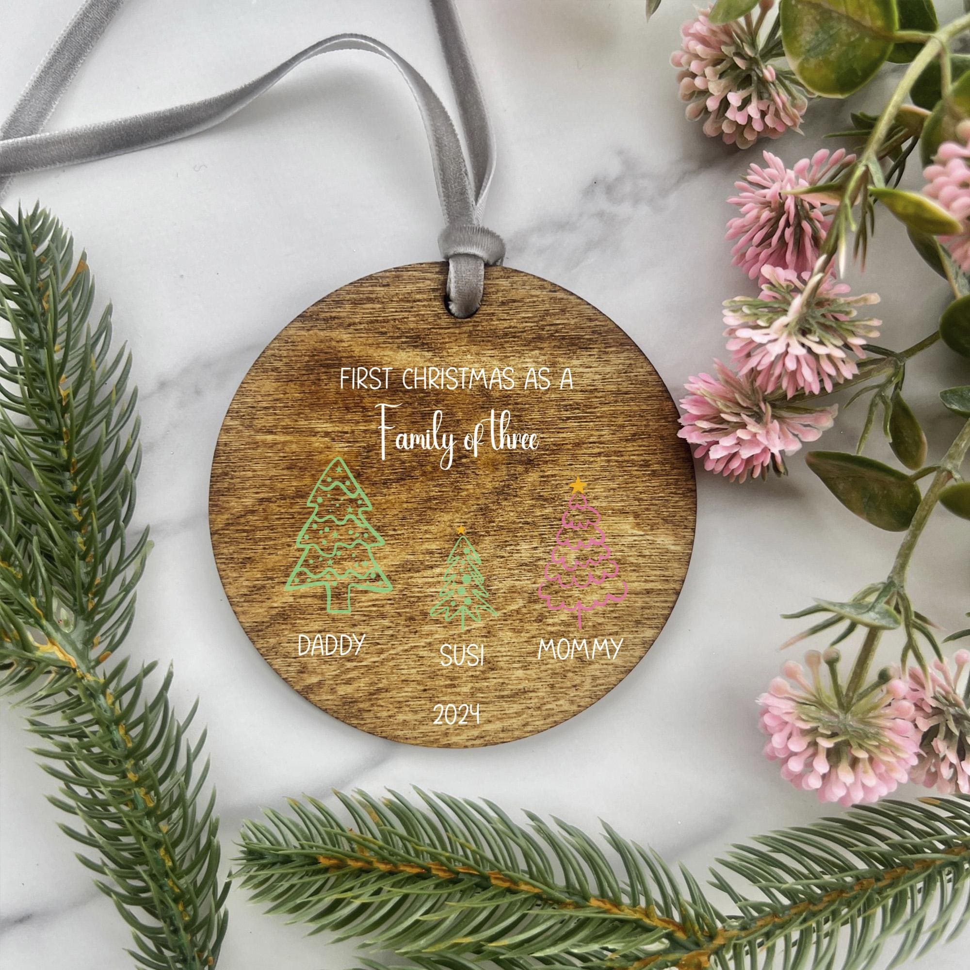 Family of Three Christmas Ornament 2024 - Personalized Family of 3 Bauble, Baby’s First Xmas Ornament, Custom Family Keepsake, First Xmas