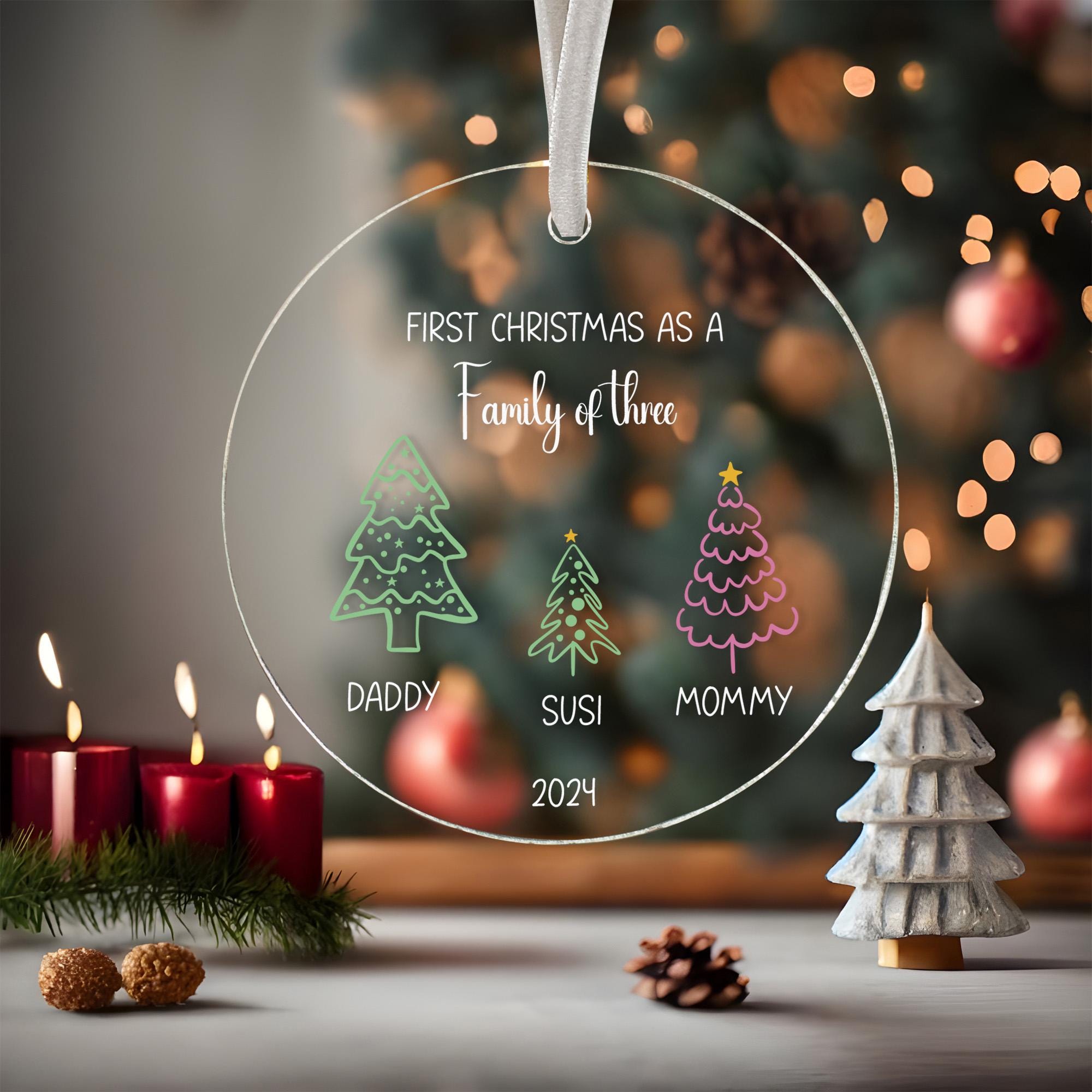 Family of Three Christmas Ornament 2024 - Personalized Family of 3 Bauble, Baby’s First Xmas Ornament, Custom Family Keepsake, First Xmas
