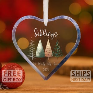 May include: Heart-shaped clear glass ornament with the word "Siblings" and four stylized Christmas trees. The names Eva, Wendy, Lily, and Quinn are listed below the trees, with the year 2025. A white ribbon is attached for hanging.