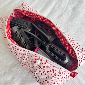 Dyson Bag for Airwrap/Airstrait, Heart Pattern Hair Tool Bag, Quilted Organizer Bag, Cotton Makeup Bag, Mega Size Travel Case