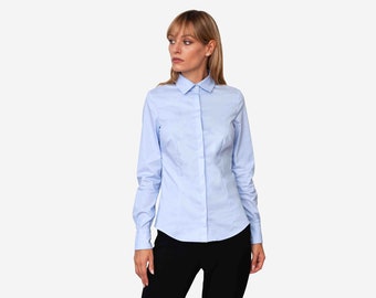 BLOUSE ELLA | Classic business blouse made of light blue fine twill with an elegant New York Kent collar | Easy Care | Made in Germany