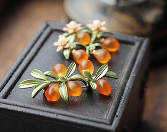 Corazón naranja corazón satisfecho retro pastoral fengsen broche naranja baya esmaltada naranja collar pin horquilla clip para la oreja