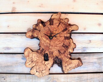 Rustic Olive Wood Clock, Personalized Wood Clock, Roman Number Wall Clock, Laser Engraved Wall Clock, Asymmetrical Wall Clock,