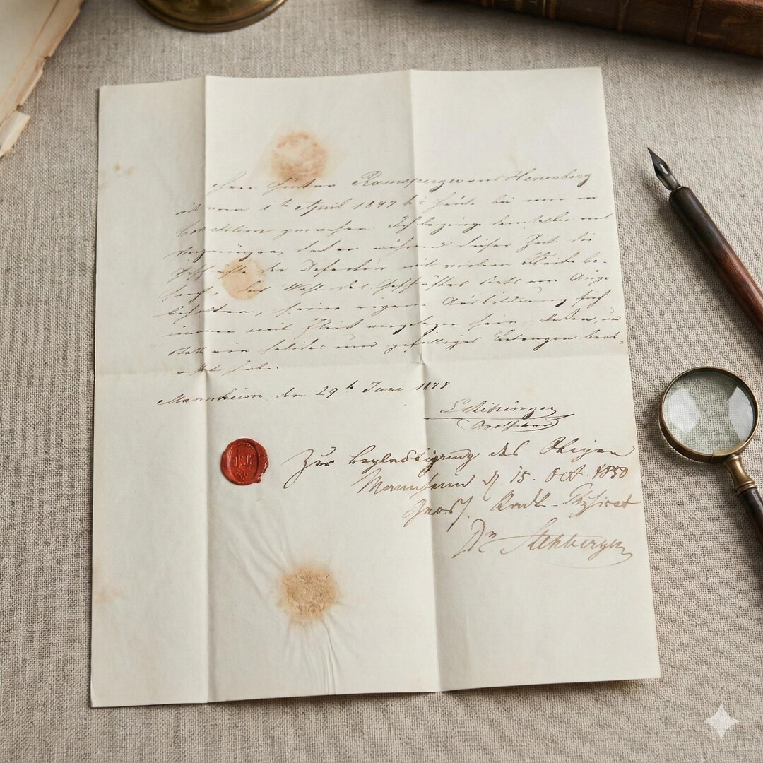 1847–1850 German Official Document • Mannheim Kurrent Script W/ Wax ...