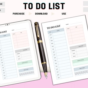 May include: A digital and printable to-do list template. The design features a time-based schedule with sections for activities, tasks, and a water tracker. The words "TO DO LIST" are at the top. A pen rests on the side.