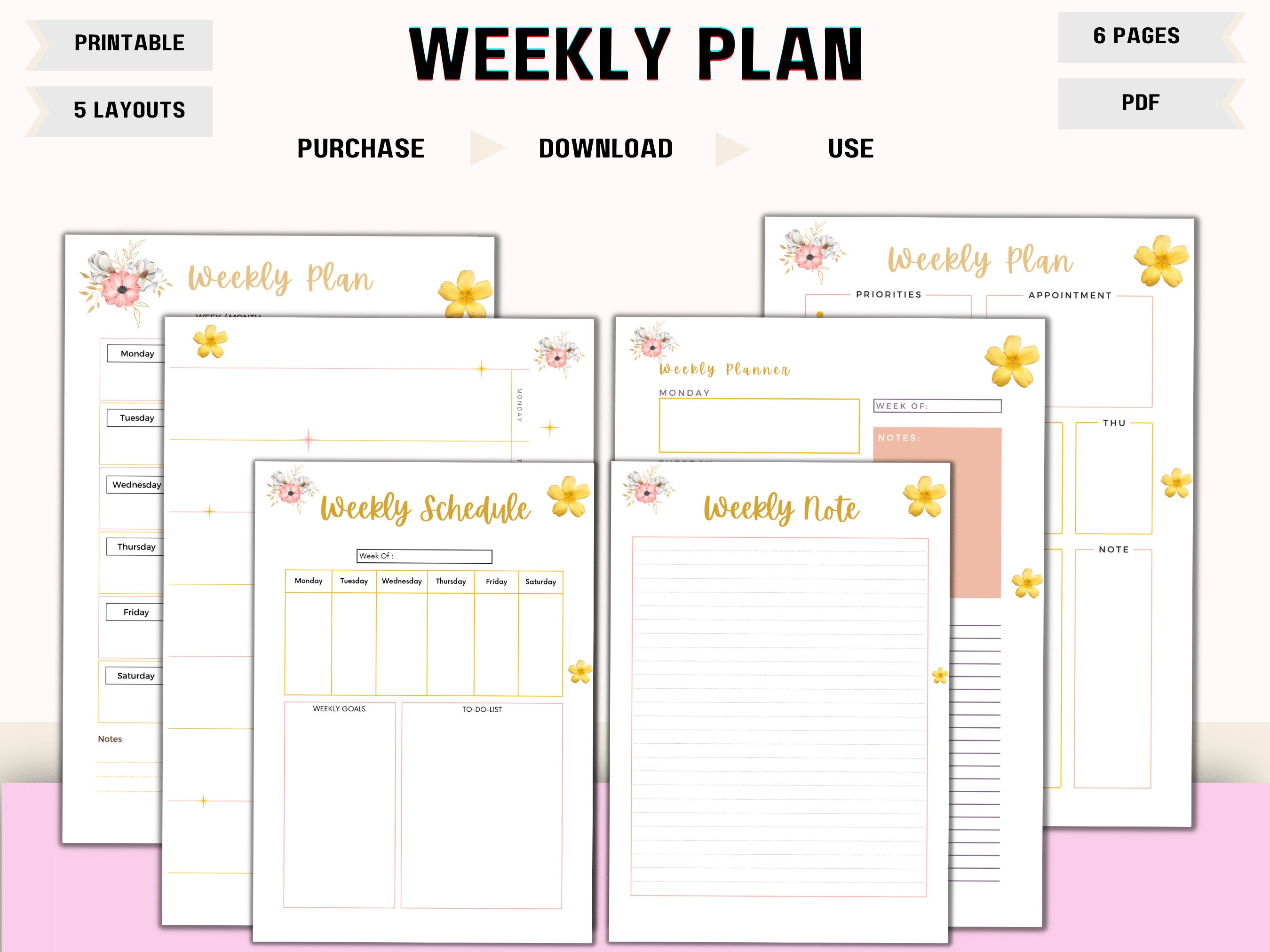 Yellow Floral Weekly Planner Printable Digital Download PDF for iPad ...