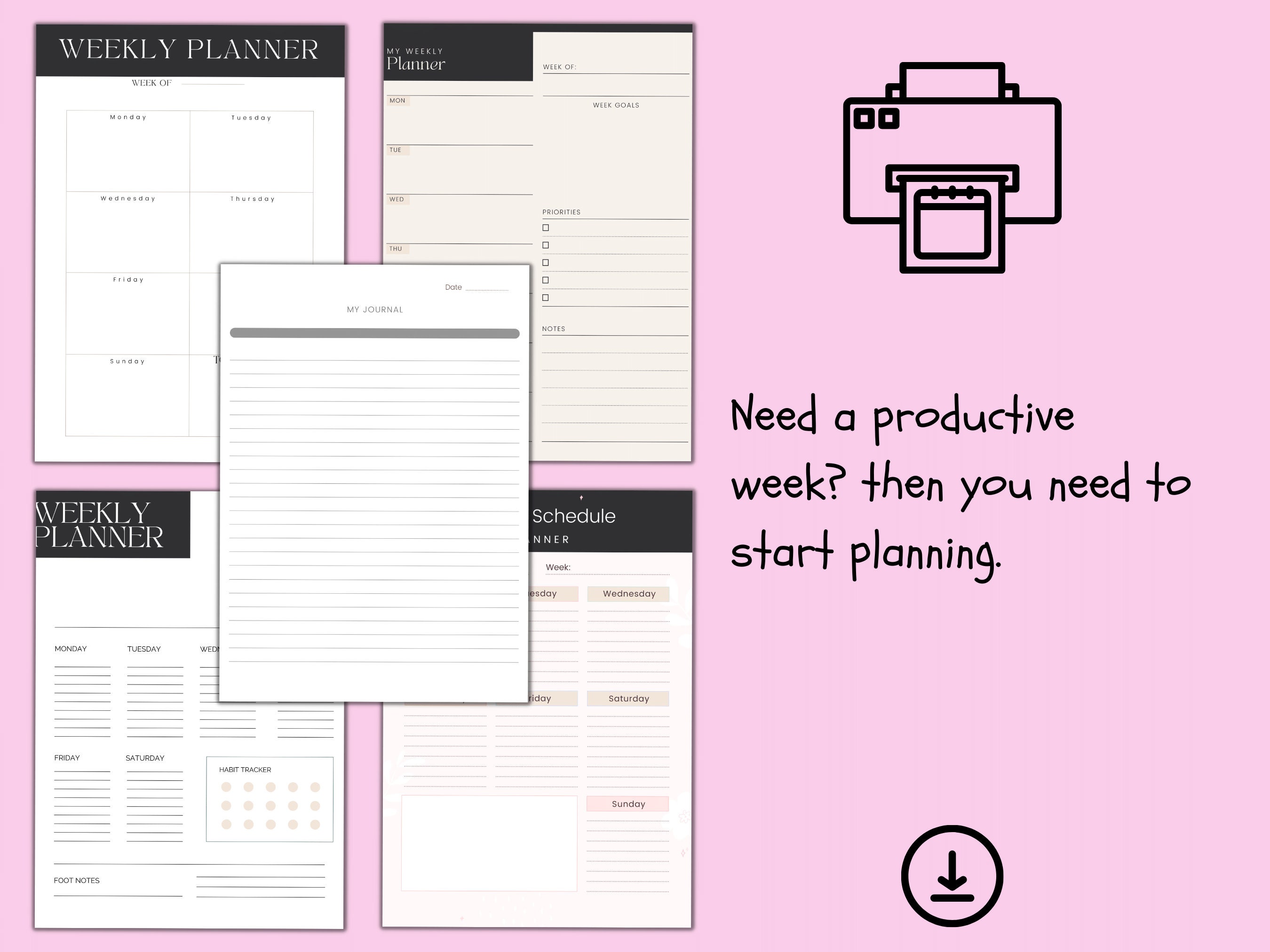 Black White Weekly Planner Printable Digital Download PDF iPad ...