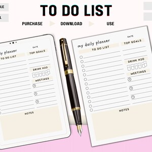 Daily Planner To Do List With Goals, Water Tracker, Meetings and Notes 1 Page Printable Digital Download PDF for iPad GoodNotes