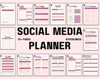 Puede incluir: Un planificador de redes sociales con más de 15 páginas, con un esquema de color rosa y morado. El planificador incluye secciones para el plan de marketing, el planificador de contenido, los objetivos de marca, la investigación de la competencia, el seguimiento diario, el contenido reciclado, el calendario de publicaciones, el análisis de las redes sociales, las ideas de temas principales, la evaluación mensual, la planificación estratégica, el planificador de contenido y la evaluación anual.