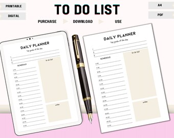 May include: A printable daily planner with a schedule and to-do list sections. The planner is designed for use on a tablet or computer. The text on the planner says "Daily Planner" and "Top goals of the day".