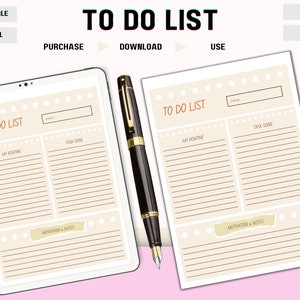 May include: A printable to-do list template with sections for "My Routine", "Task Done", and "Motivation & Notes". The template is designed in a beige color with a white border and a dotted pattern.