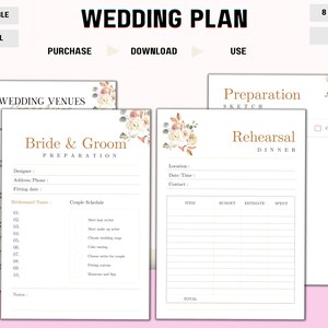 Op de afbeelding: Een afdrukbaar huwelijksplan met pagina's voor locaties, voorbereiding en repetitiediner. De pagina's hebben bloemaccenten en opschriften als "Bruid & Bruidegom Voorbereiding" en "Repetitiediner". De tekst bevat velden voor details en schema's.