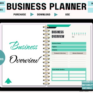 May include: A digital business planner with 18 sections, including a business overview section with fields for business name, tagline, website, products and services, mission statement, and social media handles. The planner is designed for use with Goodnotes or Notability apps.