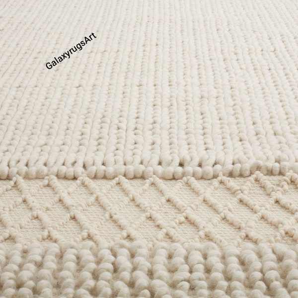 Hand Knotted Chunky Indoor Area Rug Designer Flat Woven  Rug Off White Ivory Colored Chunky Rug Modern Rug 5x8 6x9 7x10 8x10 9x12, 10x14ft