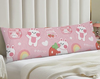 Kawaii Body Pillowcase, Kawaii Body Pillow Case, Body Pillow Multiple Sizes, Bunny and Bear Strawberry Milk, Perfect Gifts for Girls
