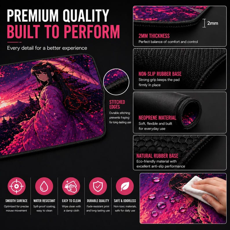 Op de afbeelding: Een rechthoekige muismat met een levendige anime-stijl illustratie in paarse en roze tinten. De mat heeft gestikte randen, een antislip rubberen basis en is 2 mm dik. De tekst op de mat luidt "PREMIUM QUALITY BUILT TO PERFORM".