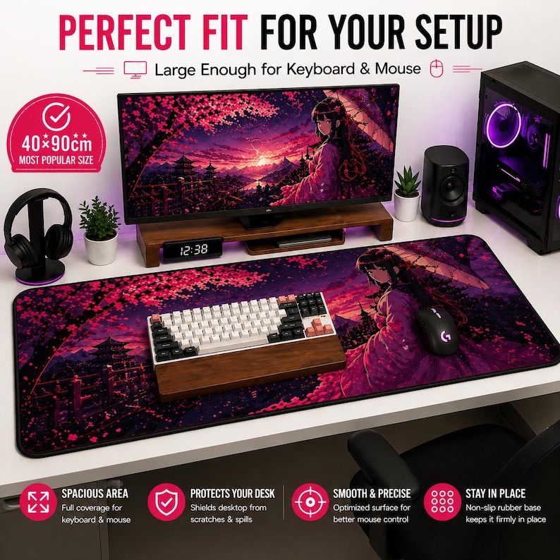 Op de afbeelding: Een grote, rechthoekige bureaumat met een levendig anime-ontwerp met een vrouw in een kimono, kersenbloesems en een zonsondergang. De mat is 90 cm lang en 40 cm breed. De tekst op de mat zegt "Perfect Fit For Your Setup".