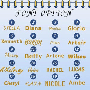 May include: A blue and white chart with the text "FONT OPTION" at the top. The chart lists 20 different names in gold lettering, each with a corresponding number from 1 to 20.