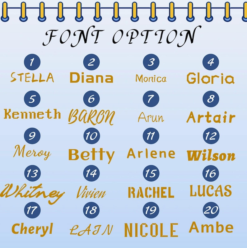 May include: A blue and white chart with the text "FONT OPTION" at the top. The chart lists 20 different names in gold lettering, each with a corresponding number from 1 to 20.