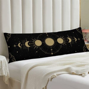 Moon Phases Pillowcase, Tarot Astrology Witch Large Pillowcase, Black and Gold Celestial Decor, Housewarming Gift