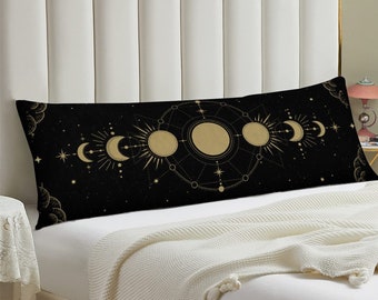 Moon Phases Pillowcase, Tarot Astrology Witch Large Pillowcase, Black and Gold Celestial Decor, Housewarming Gift