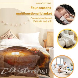 May include: A brown and tan flannel blanket with a Christmas themed design. The blanket is on a bed with white sheets and pillows. The text "Christmas!" is printed on the blanket.