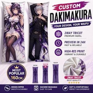 Könnte beinhalten: Benutzerdefiniertes Dakimakura-Körperkissen mit Illustrationen im Anime-Stil. Die Vorderseite zeigt eine Frau in einem weißen und lila Outfit, die Rückseite einen Mann in Schwarz. Das Kissen ist 160 cm lang, hat einen versteckten Reißverschluss und ist maschinenwaschbar.