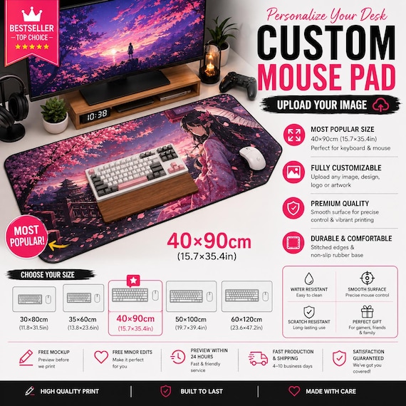 Custom Mouse Pad, Personalized Desk Mat, XL Large Mousepad, Upload Your Image, Gaming Desk Mat, Anime Mouse Pad, Custom Gift