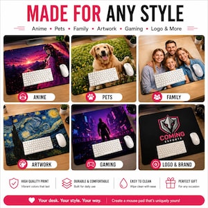 Op de afbeelding: Promotieafbeelding met muismatten met diverse ontwerpen. De muismatten hebben thema's als anime, huisdieren, familiefoto's, kunstwerken, gaming en logo's. Elke pad heeft een toetsenbord en een muis. De tekst luidt "MADE FOR ANY STYLE" en "Your desk. Your style. Your way."