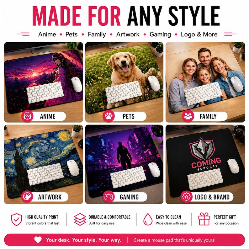 Op de afbeelding: Promotieafbeelding met muismatten met diverse ontwerpen. De muismatten hebben thema's als anime, huisdieren, familiefoto's, kunstwerken, gaming en logo's. Elke pad heeft een toetsenbord en een muis. De tekst luidt "MADE FOR ANY STYLE" en "Your desk. Your style. Your way."