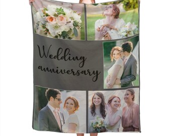 May include: A personalised wedding anniversary blanket with a photo collage and the words "Wedding anniversary" in black script. The blanket shows a series of images, including a bouquet of flowers and couples.