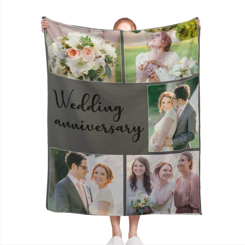 May include: A grey fleece blanket featuring a collage of wedding photographs. The images depict a couple, a bouquet of flowers, and a group of people. The text "Wedding anniversary" is printed in black on the blanket.