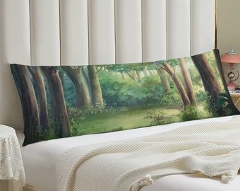 Cute Green Forest Long Pillowcase, Anime Aesthetic Landscape Throw Cover, Nature Hiking Forest Trees Lovers Gifts