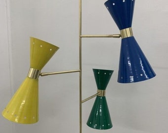 1950's Brass Vintage Diabolo Tripod Floor Lamp Brass  Spotlight Studio Sputnik Floor Lamp Multi Colored With Marble base