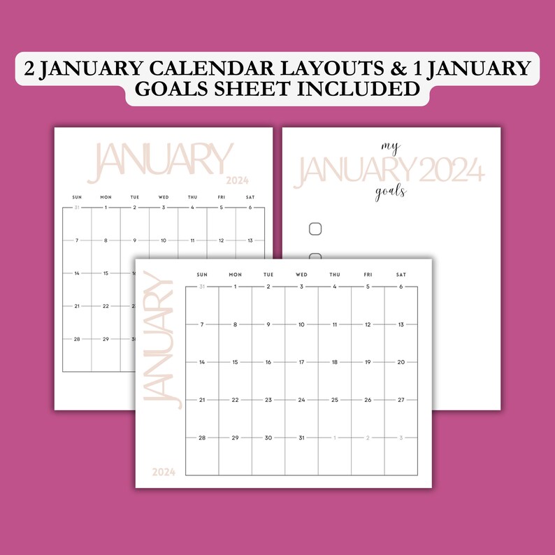 January 2024 Calendar & Goals Printable, Instant Download, Simple