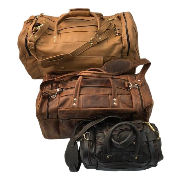 Leather Duffle Bag - Zipper Travel Tote - Weekend Bag for Men and Women - Large - Medium - Small - Black - Brown - Tan