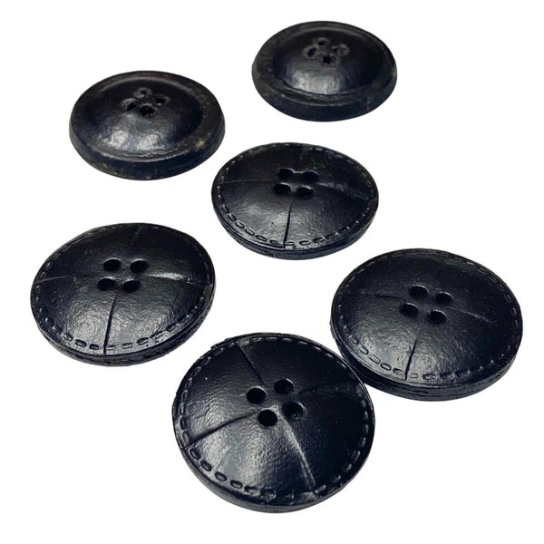 Vintage Black Leather Round Buttons - Pack of 6 Genuine Leather Textured Buttons