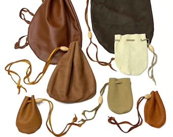 Handmade Leather Drawstring Pouch - Suede or Grain Keepsake Holder Bag - Different Sized Leather Coin Purses or Trinket Bags