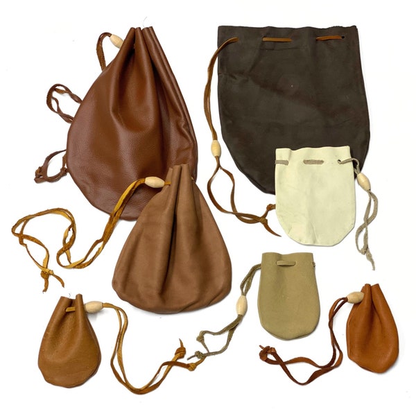 Leather Drawstring Pouch - Suede or Grain Keepsake Holder Bag - Different Sized Leather Coin Purses or Trinket Bags