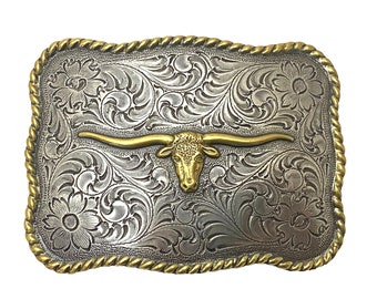 Texas Longhorn Two-toned Gold & Silver Floral Design and Roped Edge Trophy Belt Buckle