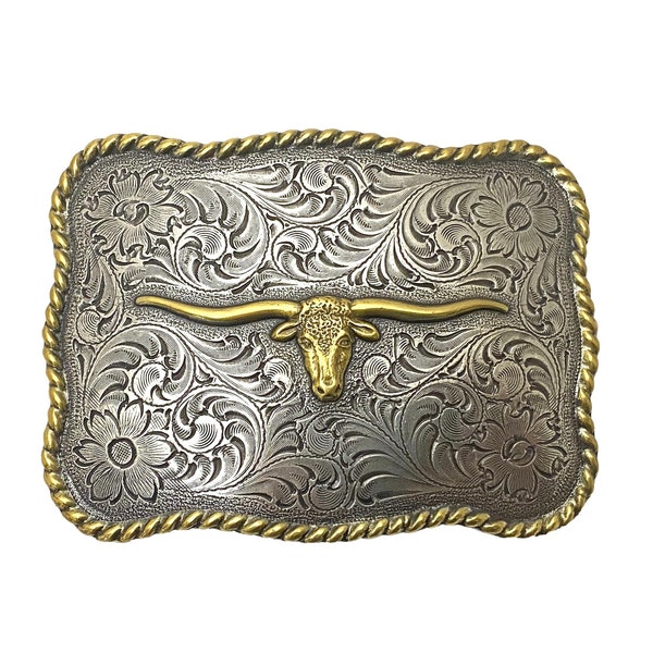 Texas Longhorn Two-toned Gold & Silver Floral Design and Roped Edge Trophy Belt Buckle