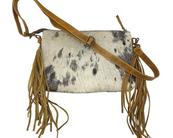 Hair On Cowhide Crossbody Leather Purse with Fringe Accent, Zipper Pockets, and Removable Strap