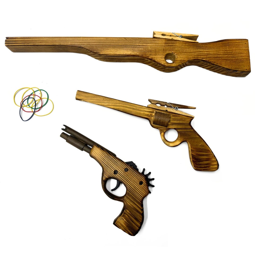 Wood Rubber Band Gun With Orange Safety Tip Wooden Toy